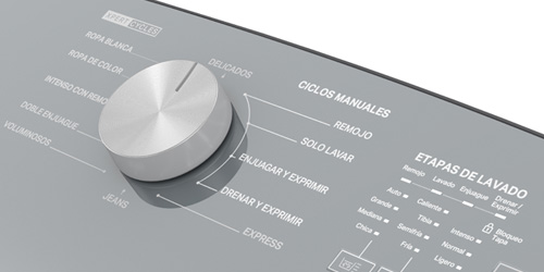 Lavadora Whirlpool 8MWTWCO13WJM Panel de control con aspecto Chrome Shadow y suave perilla.