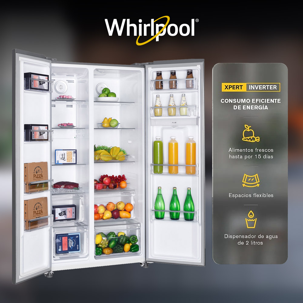 Nevecón Whirlpool con espacios adaptable y anaqueles convertibles de refrigerador a congelador.