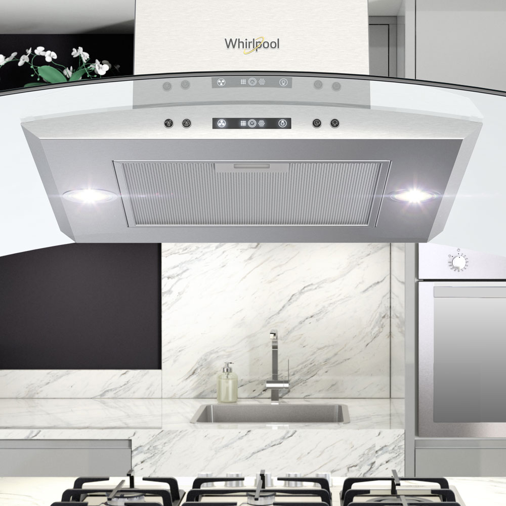 Campana Whirlpool 7501545629648 con materiales resistentes, acero inoxidable, tres velocidades y filtro lavable y doble filtro anti-grasa. Con una lámpara halógena de 28 W.