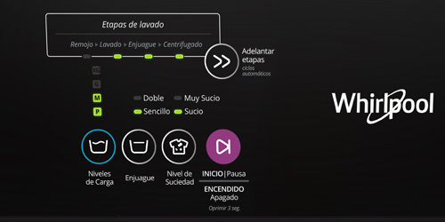 Lavadora Whirlpool WWG18BSHLA Detalle del panel con la perilla central.
